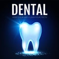 Shining Helthy Tooth with Lights. Fresh Stomatology Design Template. Dental Health Concept. Oral Care.