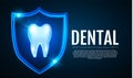 Shining Helthy Tooth with Shield and Lights. Stomatology Design Template. Dental Health Concept. Oral Care.