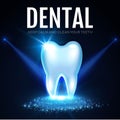 Shining Helthy Tooth with Spotlights. Fresh Stomatology Design Template. Dental Health Concept. Oral Care.