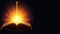 Shining Holy Bible with Magic Glows on Dark Background.