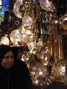 Shining lanterns in khan el khalili souq market with Arabic handwriting on it in egypt cairo Royalty Free Stock Photo