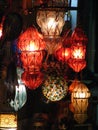 Shining lanterns in khan el khalili souq market with Arabic handwriting on it in egypt cairo Royalty Free Stock Photo