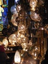 Shining lanterns in khan el khalili souq market with Arabic handwriting on it in egypt cairo Royalty Free Stock Photo