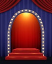 Shining light arch on the blue striped wall background with red curtain and podium Royalty Free Stock Photo