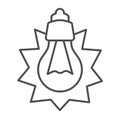 Shining light bulb thin line icon, electrical service concept. Vector graphics. Shiny lightbulb lamp sign on white