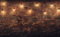 Shining light bulbs are depicted on a dark brick wall in a 3d rendered image Royalty Free Stock Photo