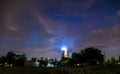 Shining lighthouse against a starry night sky