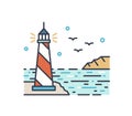 Shining lighthouse outline vector illustration. Colorful picturesque seascape with navigational aid tower. Line art