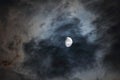 Shining moon with rushing clouds in the stormy, horrorous night sky long exposure color photo.