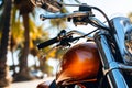 Shining motorcycle bike cool retro metal motorbike wheel transport moto sport under palm tree summer travel in city