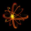 Shining neon lights atom model. Crossed circles light train effect. Glowing atom structure with magic fire ring trace