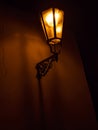 Shining old lantern in empty night street in Prague town. City of Czech Republic Royalty Free Stock Photo