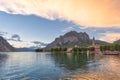 Shining panorama of Lecco Lake at the sunset with huge colorful