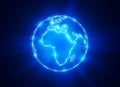 Shining planet Earth with the contours of the continents on a deep blue background. Earth globe with view of Africa Royalty Free Stock Photo