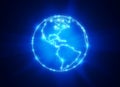 Shining planet Earth with the contours of the continents on a deep blue background. Earth globe with view of America Royalty Free Stock Photo