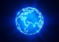 Shining planet Earth with the contours of the continents on a deep blue background. Earth globe with view of Eurasia and Africa Royalty Free Stock Photo