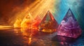 A shining prism refracting light into the five platonic solids symbolizing the perfect forms that make up the building