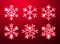 Shining red glitter glowing snowflakes on red background. Christmas and New Year decoration. Vector illustration