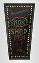 Shining retro light banner smoke shopping on a black background