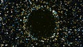 Shining round shaped particles creating a central circle. Animation. Clood of chaotically moving circles transforming