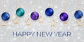 Shining snow with christmas background. Happy New Year with christmas balls and golden stars. Snowfall on a gray background. Royalty Free Stock Photo