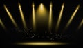 Shining spotlights and empty on stage. Dark gradient black and yellow gold grungy background