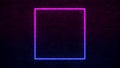 Shining Square Neon Sign. Purple and Blue Neon frame. dark brick wall. 3d render