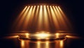Shining Stage Spotlights Glow Spotlight Effects Warm Lighting on Dark Background Showcasing Bright Light and Shadow Empty Stage Royalty Free Stock Photo