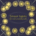 Shining street lights making a frame with a place for text inside. Flat colorful design. Vector illustration of traditional street