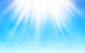 Shining sun on blue sky. White clouds and bright sun rays. Warm summer day. Realistic vector illustration Royalty Free Stock Photo