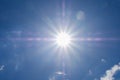 Shining sun at clear blue sky with copy space, sunlight bright sunny summer background Royalty Free Stock Photo