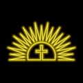 Shining sun and cross neon sign. Resurection concept. Bright glowing symbol on a black background. Royalty Free Stock Photo