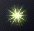 Shining sun flare with stars and sparkles isolated on dark transparent background.