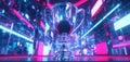 The shining trophy amidst vibrant neon reflections in a digital space. AI generated image Royalty Free Stock Photo