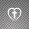 Shining white cross with heart on transparent background. Glowing saint cross. Vector illustration Royalty Free Stock Photo