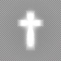 Shining white cross and sunlight special lens flare light effect on transparent background. Glowing saint cross. Vector Royalty Free Stock Photo