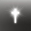 Shining white cross and sunlight special lens flare light effect on transparent background. Glowing saint cross. Vector Royalty Free Stock Photo