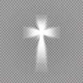 Shining white cross and sunlight special lens flare light effect on transparent background. Glowing saint cross. Vector