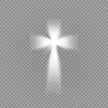 Shining white cross and sunlight special lens flare light effect on transparent background. Glowing saint cross. Vector Royalty Free Stock Photo