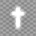 Shining white cross and sunlight special lens flare light effect on transparent background. Glowing saint cross. Vector Royalty Free Stock Photo