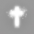 Shining white cross and sunlight special lens flare light effect on transparent background. Glowing saint cross. Vector Royalty Free Stock Photo