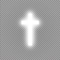 Shining white cross on transparent background. Glowing saint cross. Vector illustration