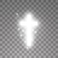 Shining white cross on transparent background. Glowing saint cross. Vector illustration