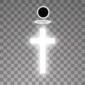 Shining white cross and white halo angel ring and total solar eclipse on transparent background. Glowing saint cross