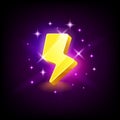 Shining yellow lightning icon for online casino or logo for mobile game on dark background, vector illustration.