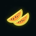 A shining yellow neon emblem of two melon slices, displayed on a black surface Royalty Free Stock Photo