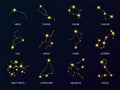 Shining zodiac signs constellations. Astronomical stars symbols. Cancer and Scorpion icons. Glowing Libra and Taurus on Royalty Free Stock Photo