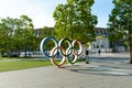 Shinjuku City, Tokyo, Japan - June 12, 2021: Olympic Rings in front of New National Stadium also called Tokyo Olympic Stadium