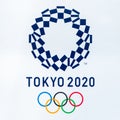 SHINJUKU TOKYO, JAPAN - June 8, 2018 : 2020 Tokyo Olympics logo symbol on Metropolitan Government Building In the middle city