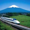 Shinkansen or Bullet train run pass through Mountain Fuji and Shibazakura at Shinkansen in Generetive Royalty Free Stock Photo